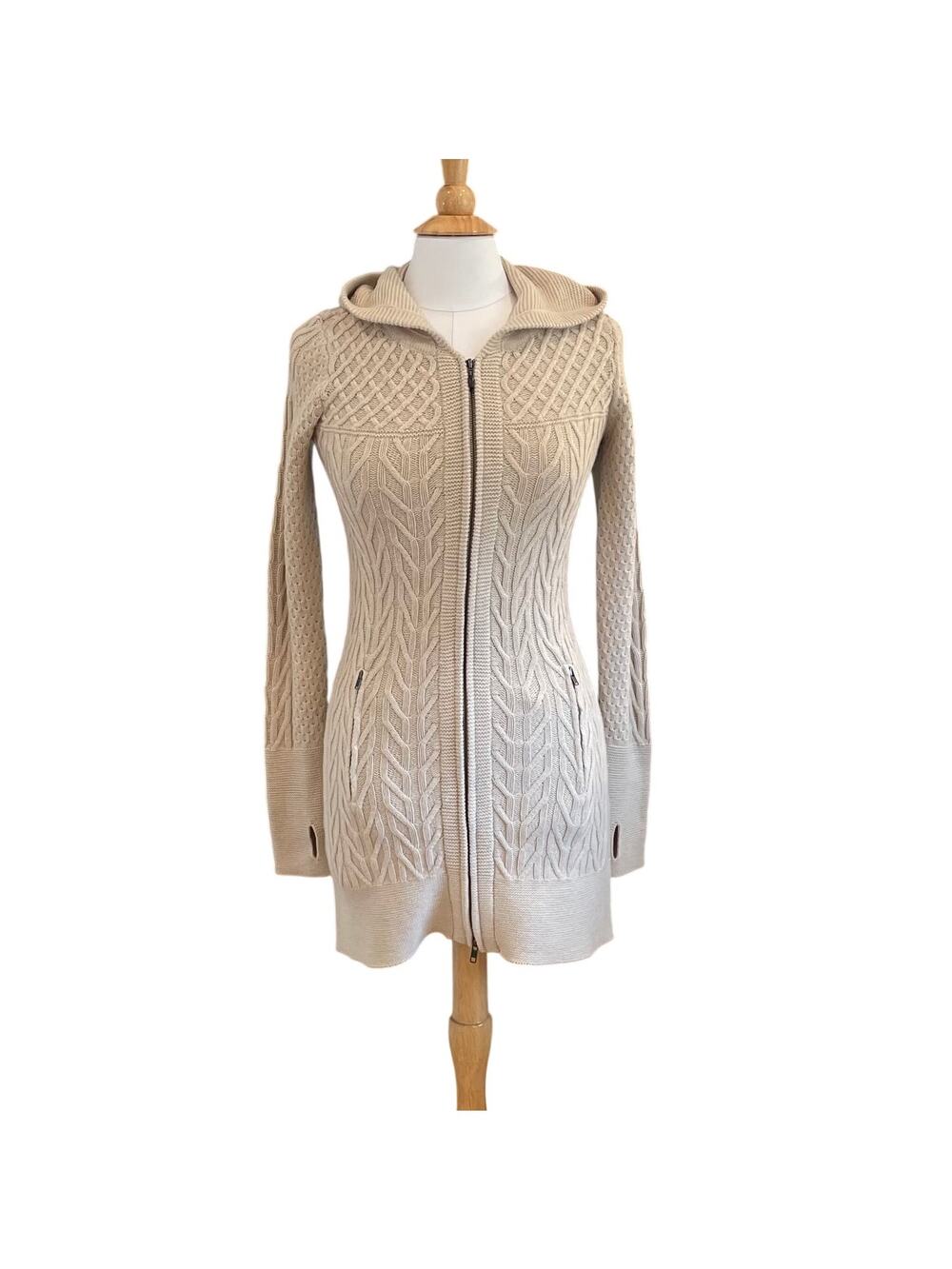 New Dakini Beige Wool Blend Long Cable Knit Cardigan Sweater Coat, Hood, XS